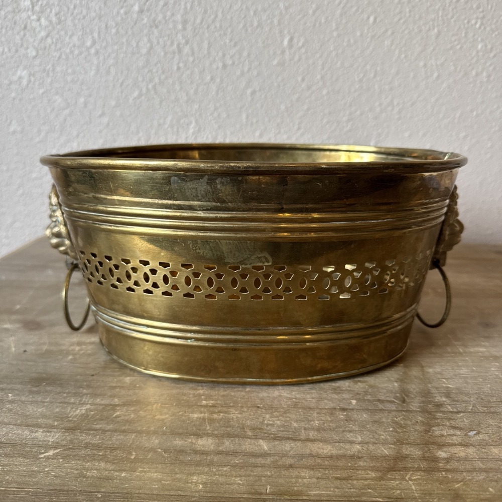 Vintage Large Double Lions Head Brass Oval Cottage 11" Grand Millennial Planter